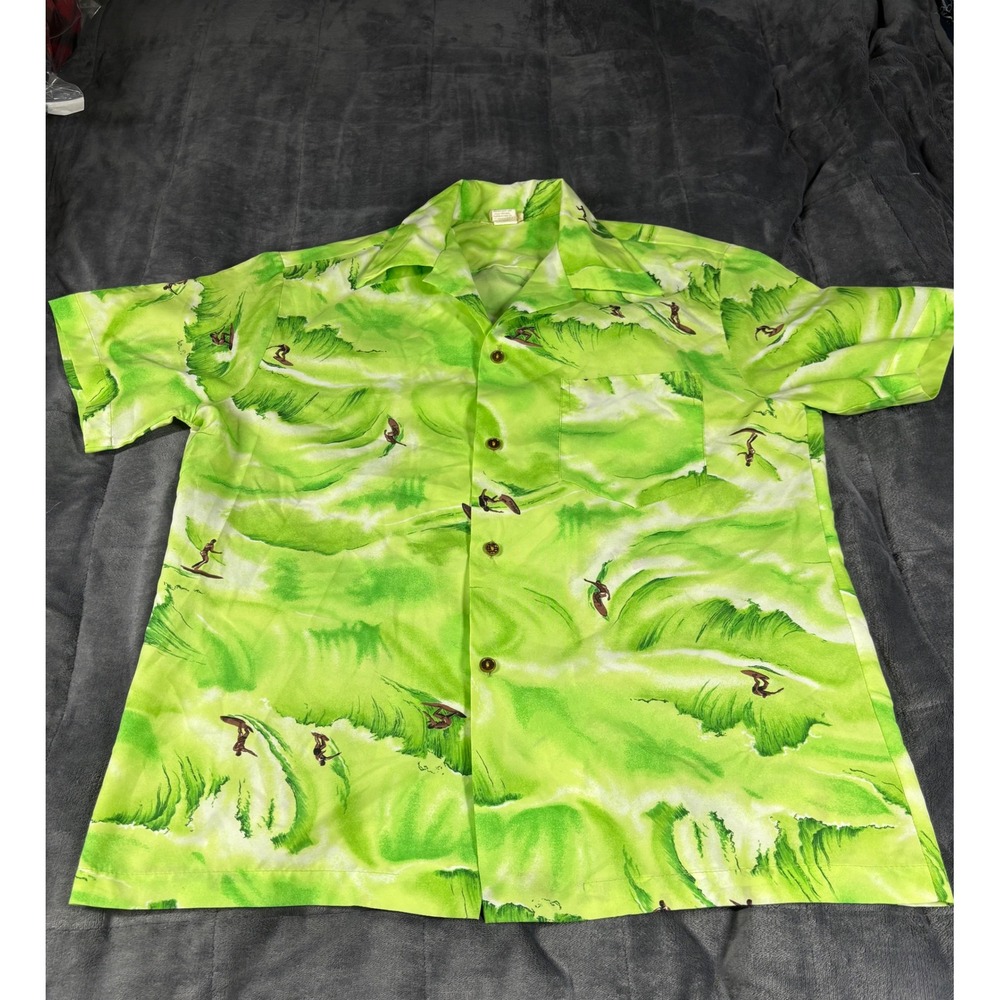 Vintage Style Mens Neon Green Surfer Wave Print Short Sleeve Button Down Shirt L